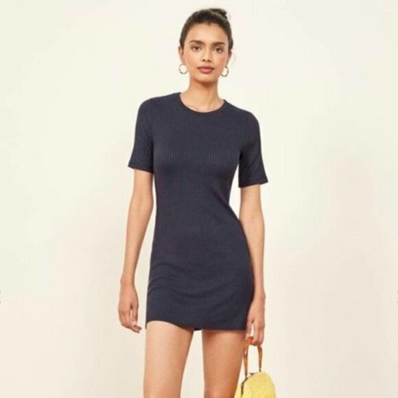 Reformation Gigi Ribbed Dress Short Sleeve Navy M - Picture 2 of 7
